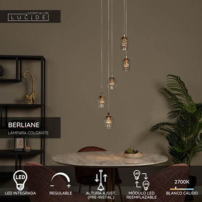 Lucide BERLIANE - Lámpara colgante - Ø 34 cm - LED Regul. - 5x4W 2700K - Con módulo LED reemplazable - Transparente | Essential